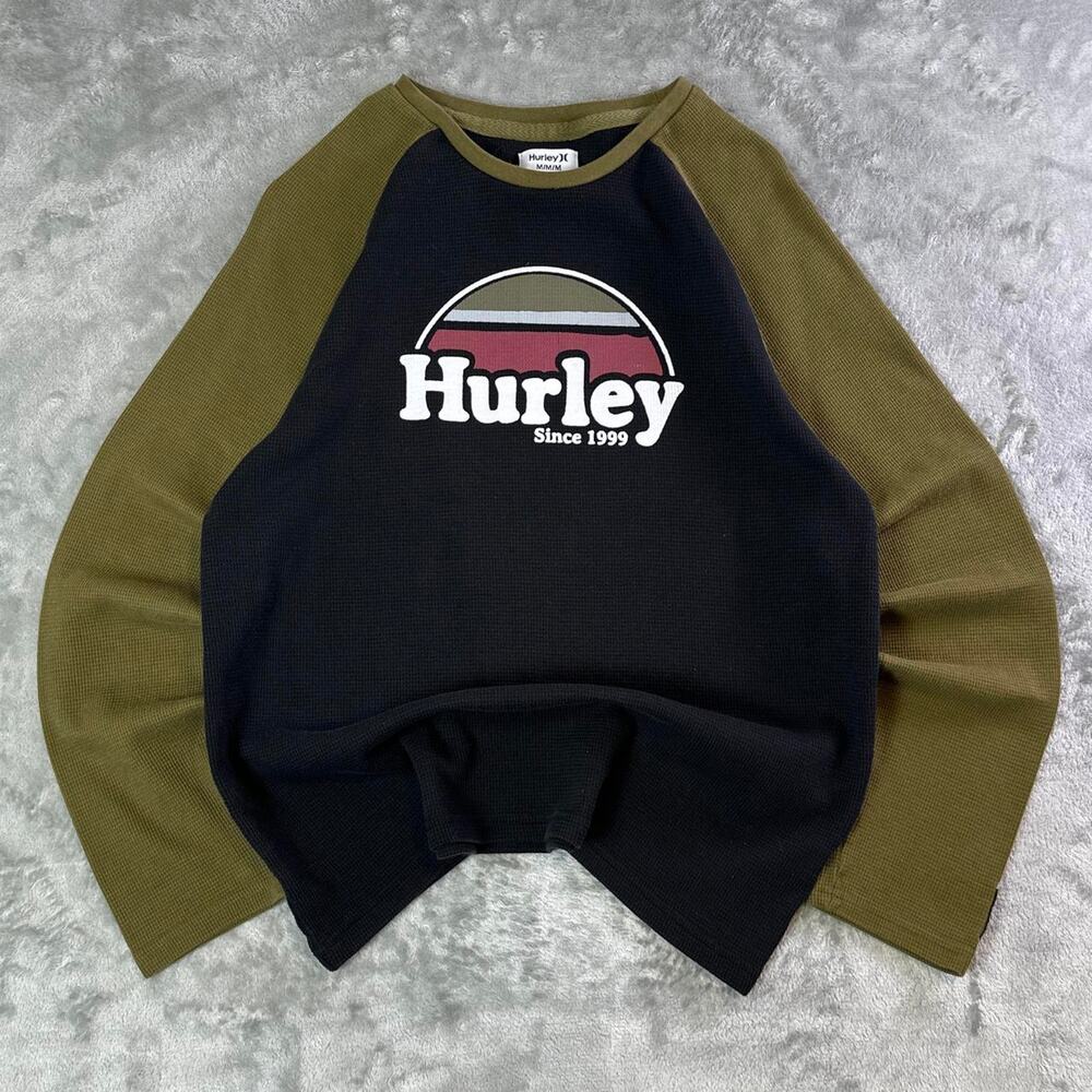 Hurley Thermal Long Sleeve Shirt Black Olive Raglan Logo Surf Skate Mens M